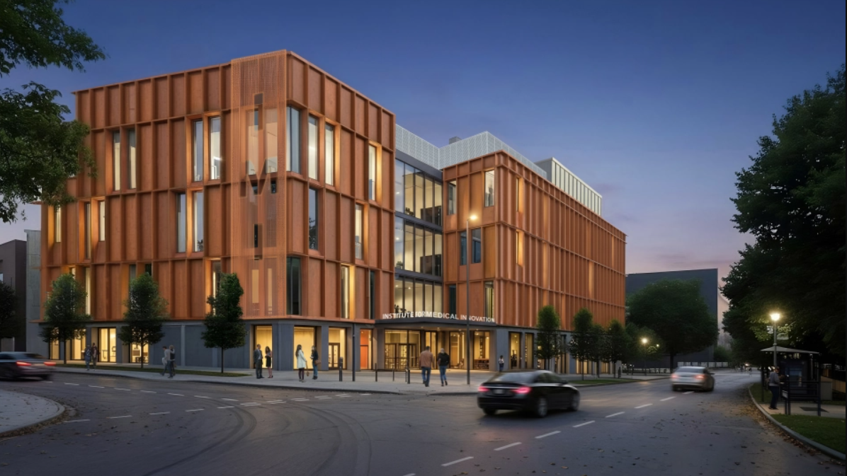 A mock-up of a large building at night.